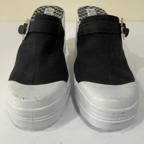 Vintage 90s Y2k Black White Canvas Flower Buckle Chunky Platform Clog Shoes 8.5