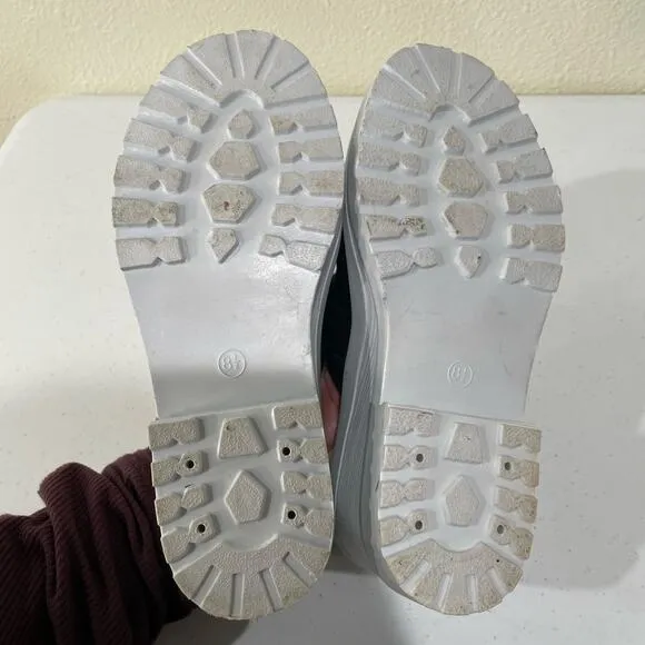 Vintage 90s Y2k Black White Canvas Flower Buckle Chunky Platform Clog Shoes 8.5