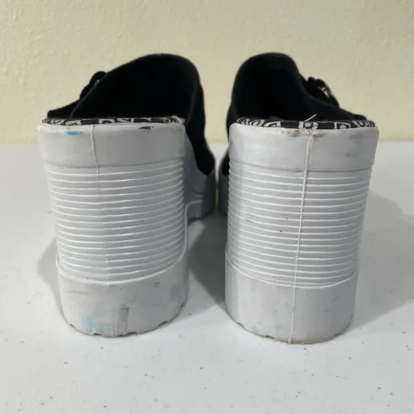 Vintage 90s Y2k Black White Canvas Flower Buckle Chunky Platform Clog Shoes 8.5