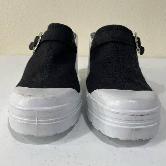 Vintage 90s Y2k Black White Canvas Flower Buckle Chunky Platform Clog Shoes 8.5
