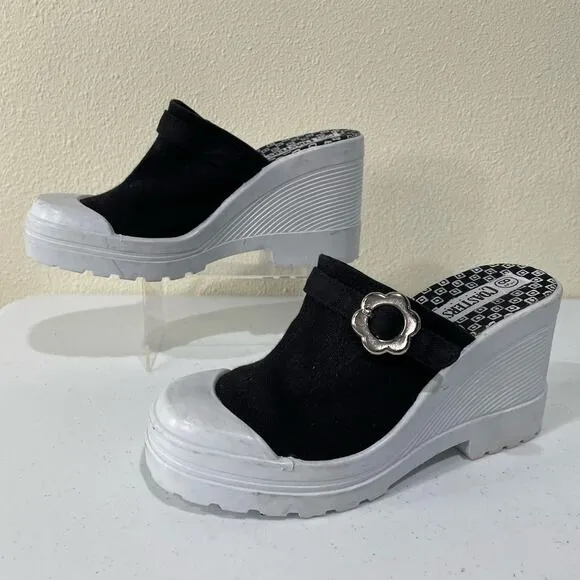 Vintage 90s Y2k Black White Canvas Flower Buckle Chunky Platform Clog Shoes 8.5
