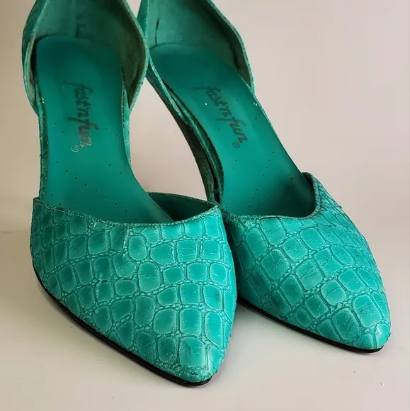 Vintage Bright Turquoise 80s Glam Faux Snakeskin Pumps