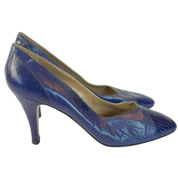 Vintage Natale Ferrario Heels Purple Embossed Leather Snakeskin Size 39 1/2Italy