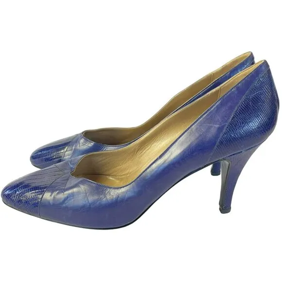 Vintage Natale Ferrario Heels Purple Embossed Leather Snakeskin Size 39 1/2Italy