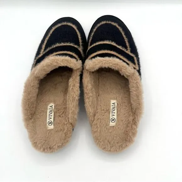 VIVAIA Renee mules Round Toe Fluffy slip on shoes faux fur black tan size 9.5