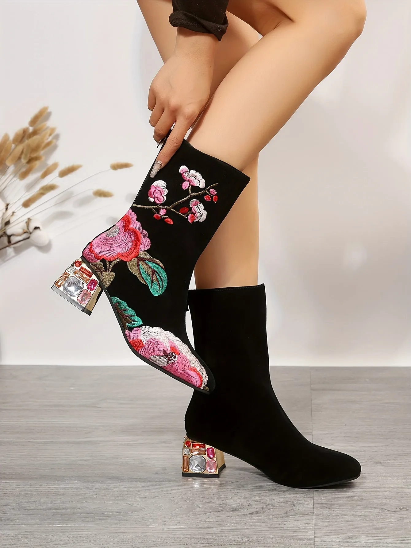 VougeVamp Elegant Floral Embroidered Ankle Boots – Rhinestone & Crystal Chunky Heel with Back Zip Closure