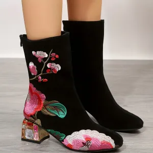 VougeVamp Elegant Floral Embroidered Ankle Boots – Rhinestone & Crystal Chunky Heel with Back Zip Closure
