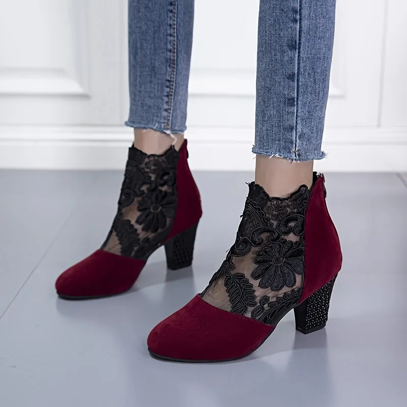 VougeVamp Floral Lace Mesh Wedge Heels – Elegant Square Toe Slip-On Mary Jane Shoes