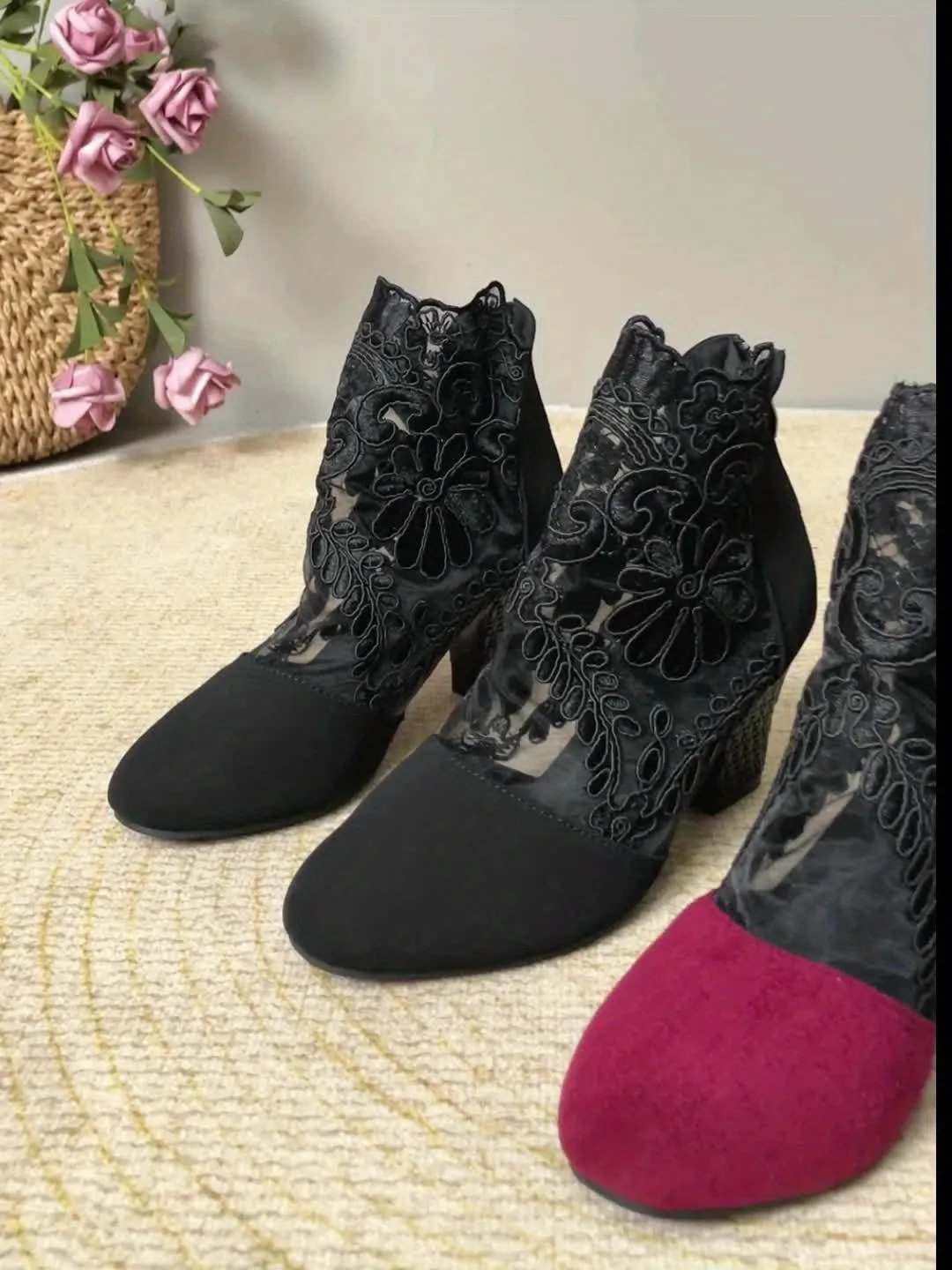VougeVamp Floral Lace Mesh Wedge Heels – Elegant Square Toe Slip-On Mary Jane Shoes