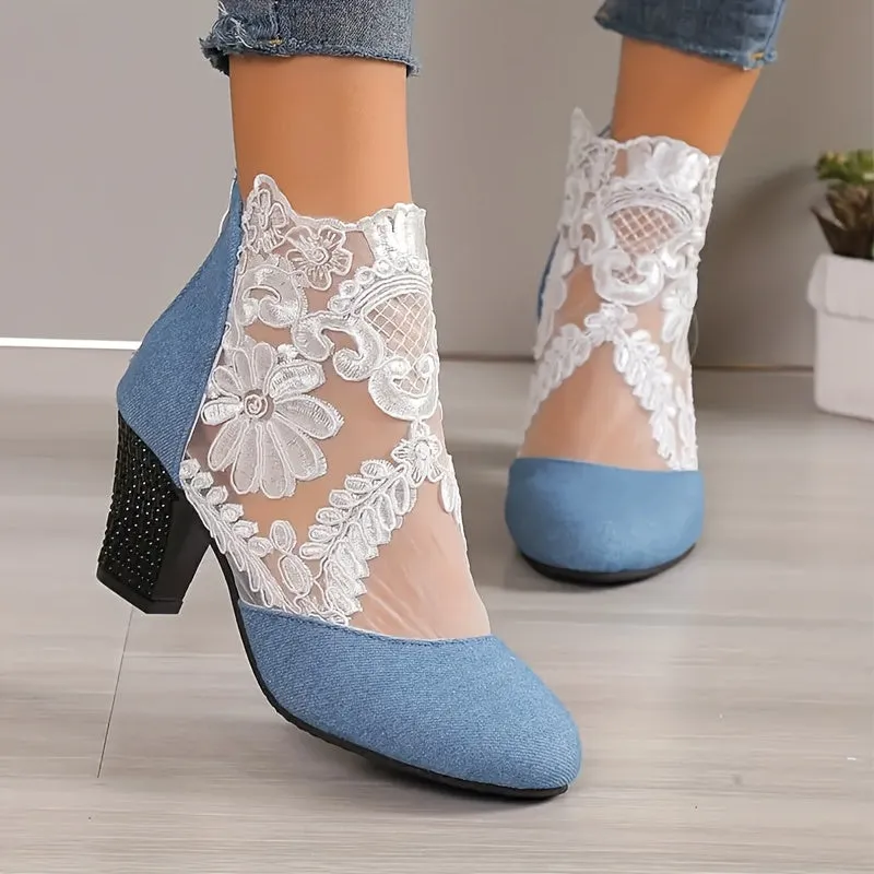 VougeVamp Floral Lace Mesh Wedge Heels – Elegant Square Toe Slip-On Mary Jane Shoes