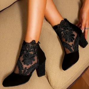 VougeVamp Floral Lace Mesh Wedge Heels – Elegant Square Toe Slip-On Mary Jane Shoes
