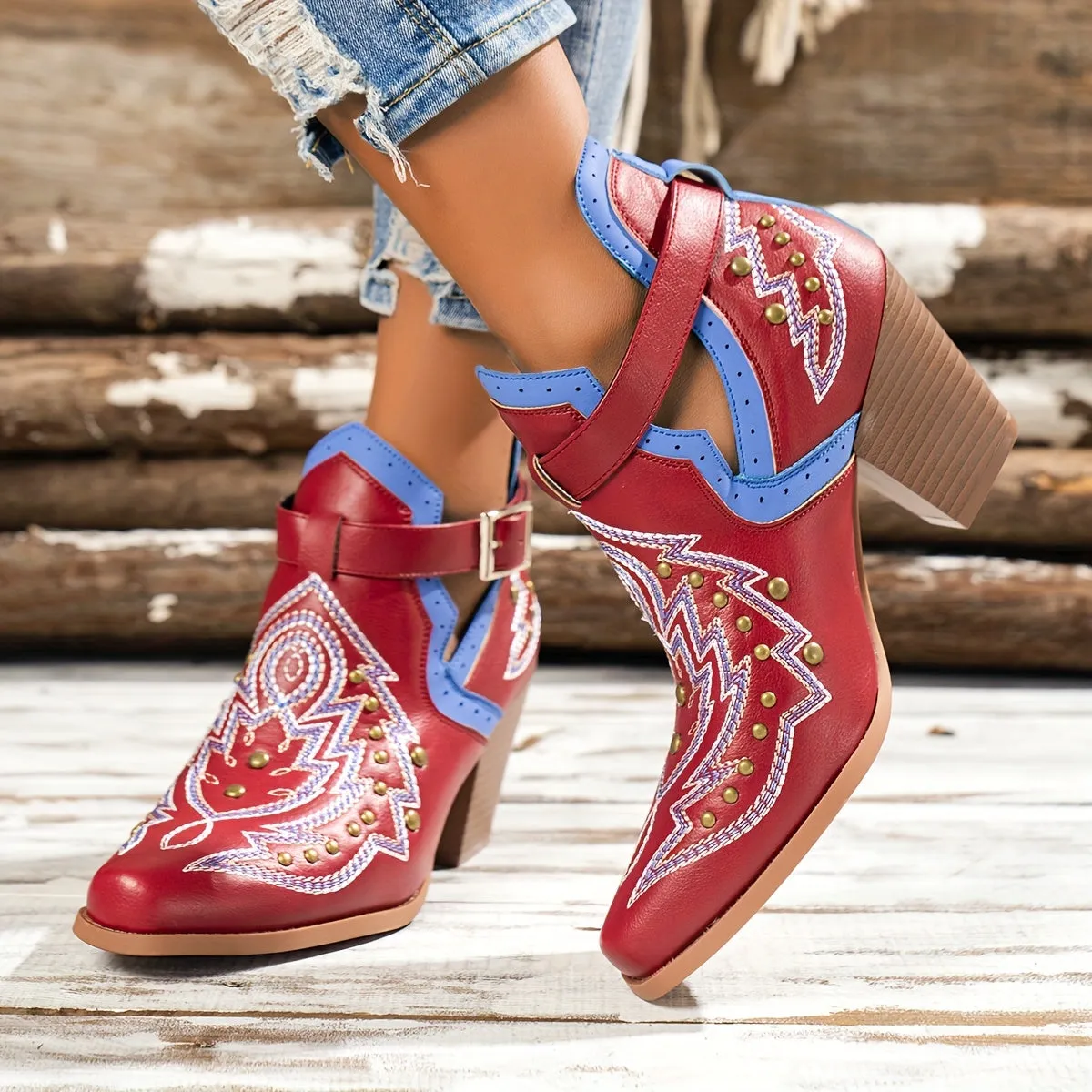 VougeVamp Women's Golden Bead Decor Ankle Boots – Chunky Heel Western Boots with Fashion Buckle Strap