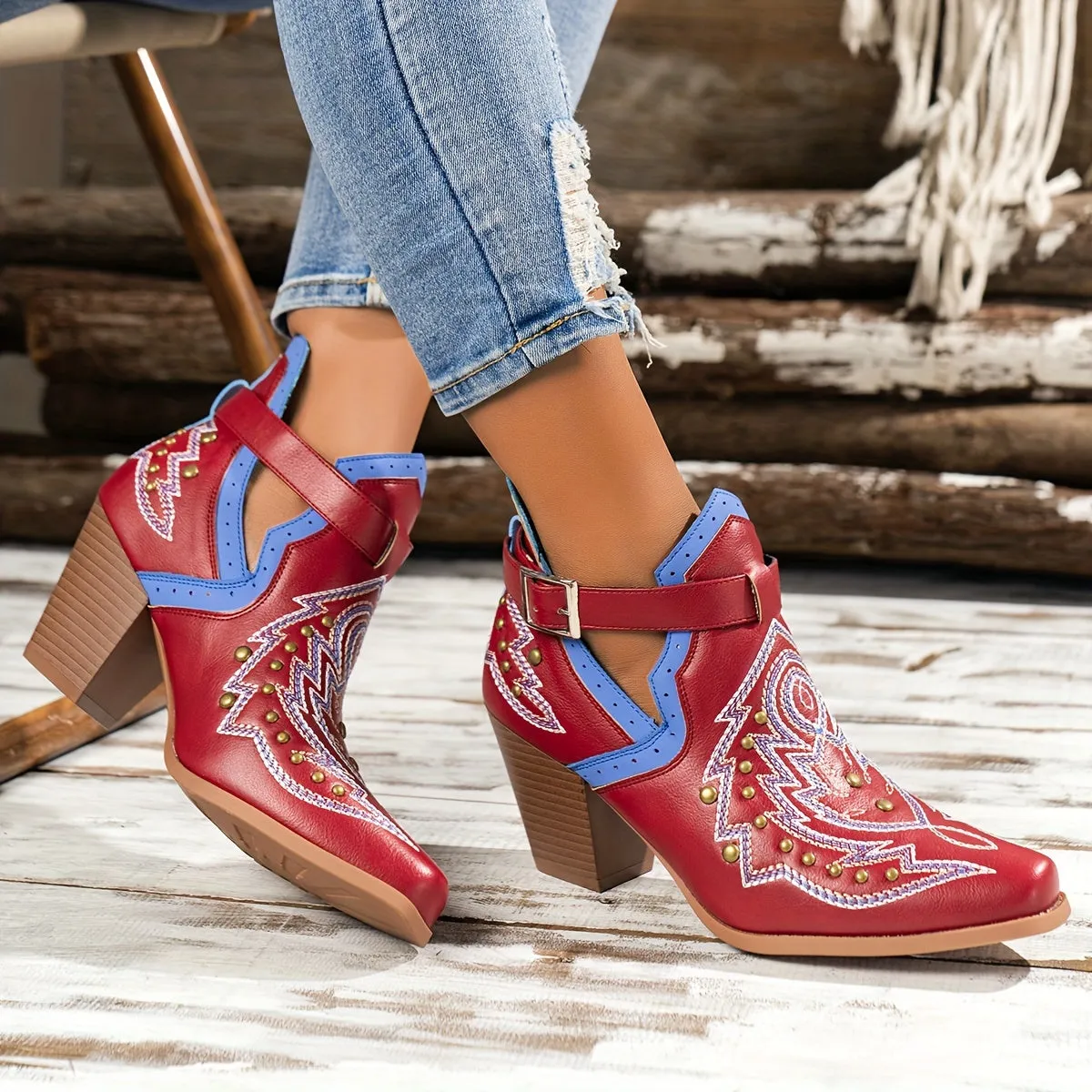 VougeVamp Women's Golden Bead Decor Ankle Boots – Chunky Heel Western Boots with Fashion Buckle Strap
