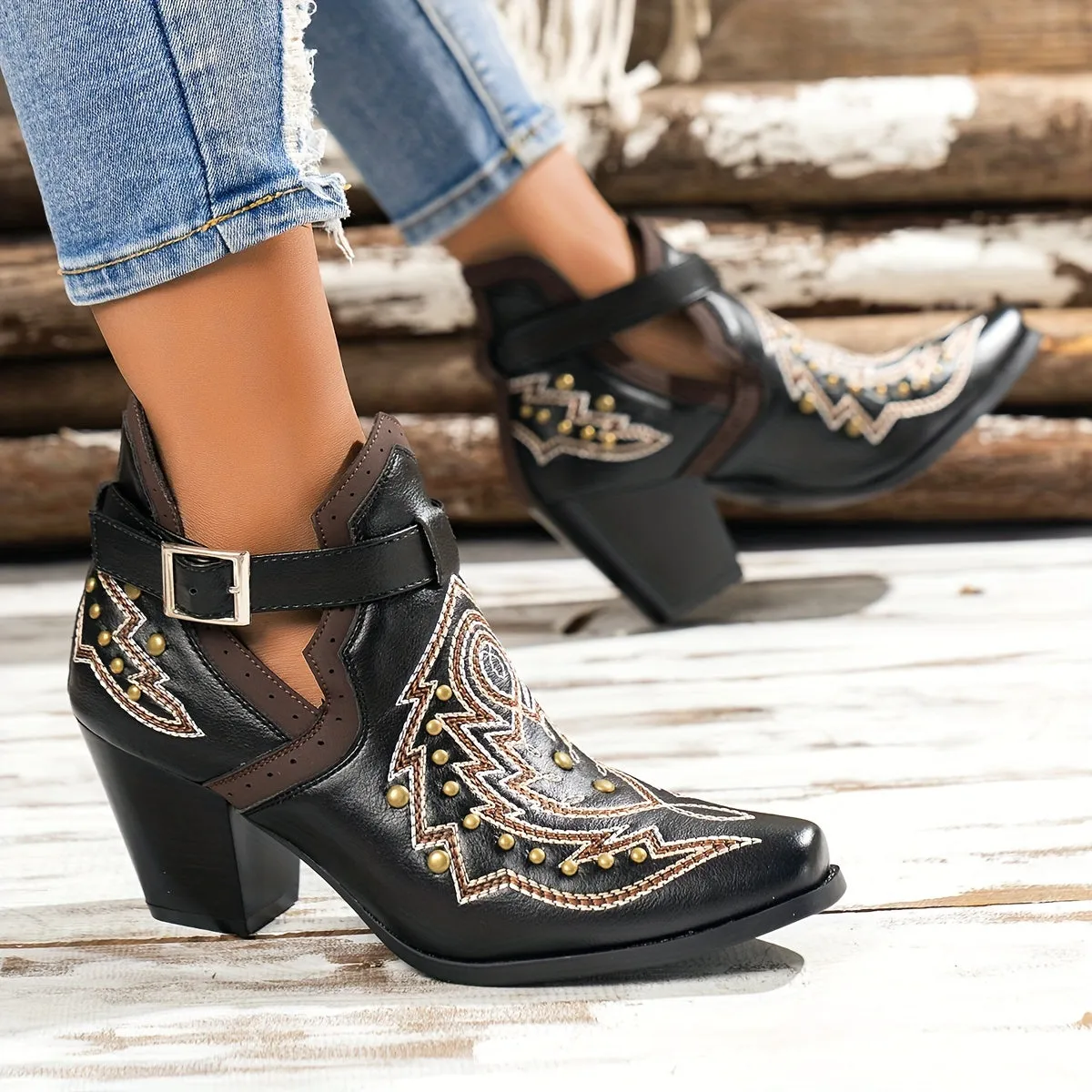 VougeVamp Women's Golden Bead Decor Ankle Boots – Chunky Heel Western Boots with Fashion Buckle Strap