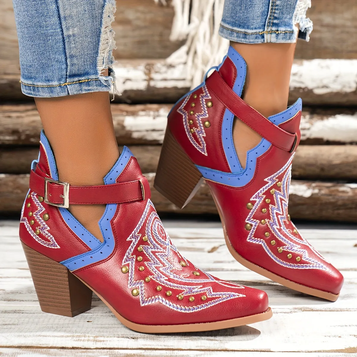 VougeVamp Women's Golden Bead Decor Ankle Boots – Chunky Heel Western Boots with Fashion Buckle Strap