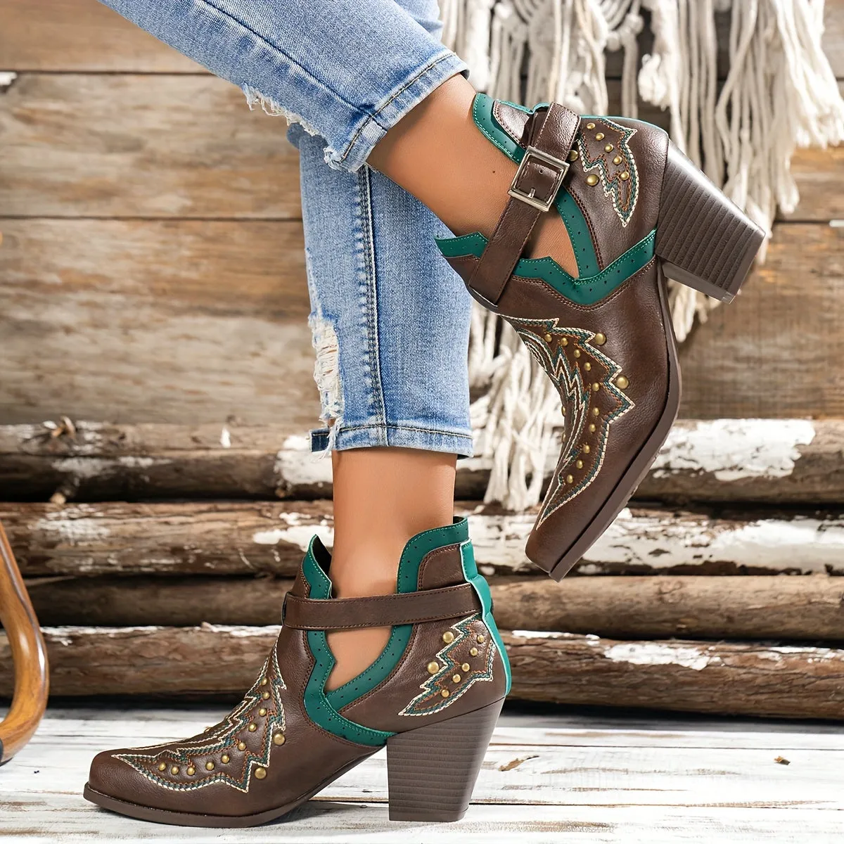 VougeVamp Women's Golden Bead Decor Ankle Boots – Chunky Heel Western Boots with Fashion Buckle Strap
