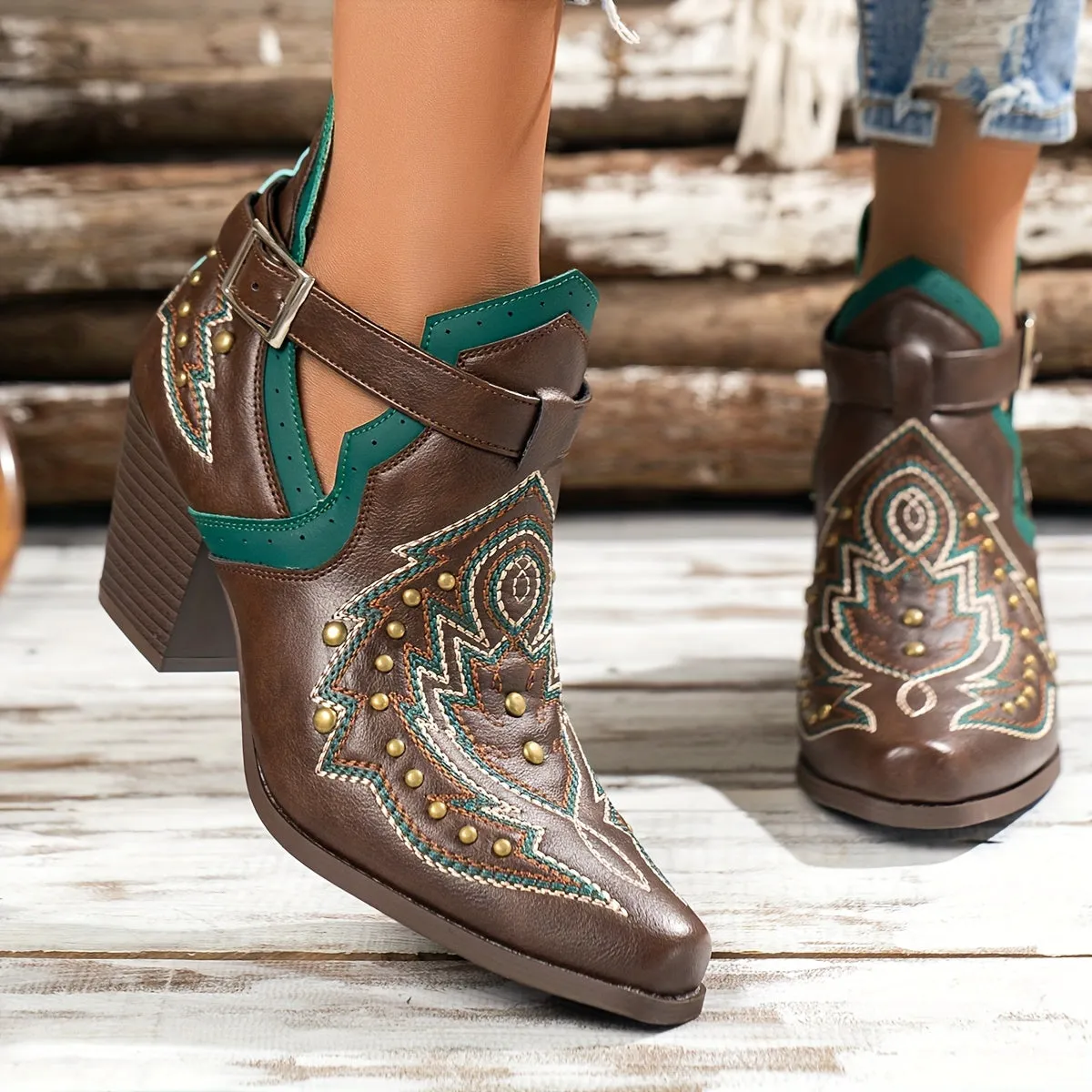 VougeVamp Women's Golden Bead Decor Ankle Boots – Chunky Heel Western Boots with Fashion Buckle Strap