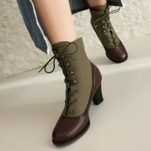 VougeVamp Women's Vintage British Style Ankle Boots – Lace-Up Closure with Block Heel