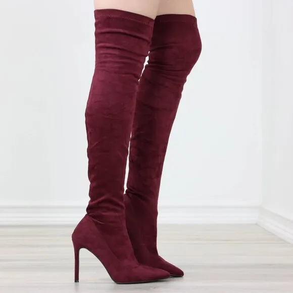 Wine Women's Thigh High Boots Faux Suede Pointed Toe Stilettos
