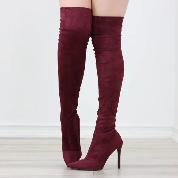 Wine Women's Thigh High Boots Faux Suede Pointed Toe Stilettos