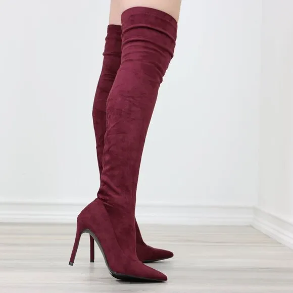 Wine Women's Thigh High Boots Faux Suede Pointed Toe Stilettos