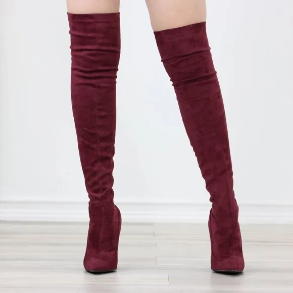 Wine Women's Thigh High Boots Faux Suede Pointed Toe Stilettos