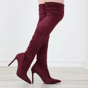 Wine Women's Thigh High Boots Faux Suede Pointed Toe Stilettos