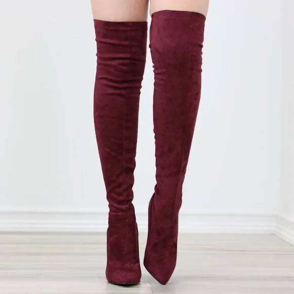 Wine Women's Thigh High Boots Faux Suede Pointed Toe Stilettos