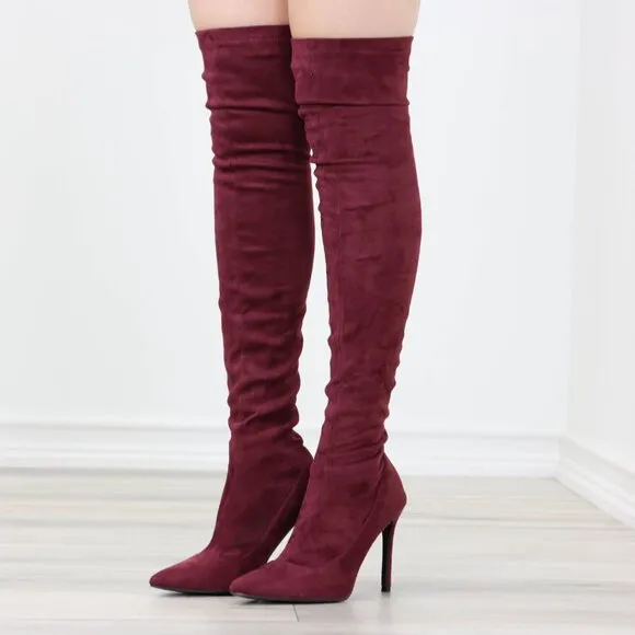 Wine Women's Thigh High Boots Faux Suede Pointed Toe Stilettos