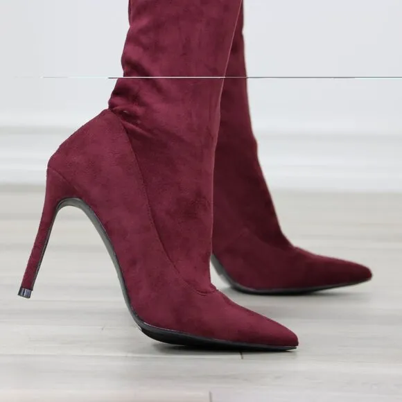 Wine Women's Thigh High Boots Faux Suede Pointed Toe Stilettos