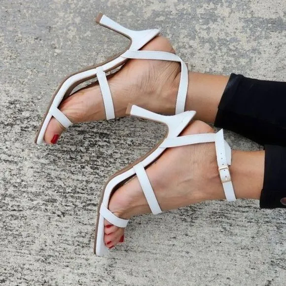 Women Ankle Strap High Heel Sandals White Color