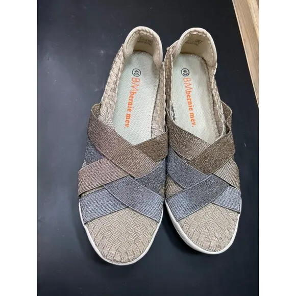 Womens Bernie Mev Slip-On Elastic Woven Shoes Size 9 EU 40 in Tan Gold Metallic