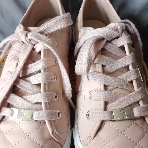 Women's G By Guess Quilted Dusty Rose Faux Leather Lace Up Sneakers Pink &amp; White
