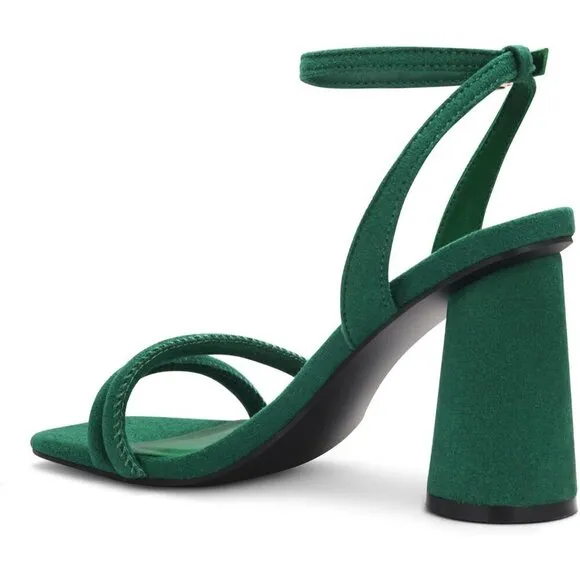 Women's Green Block High Heels Square Toe Heeled Sandals Ankle Strap Shoes