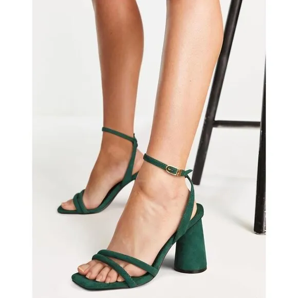Women's Green Block High Heels Square Toe Heeled Sandals Ankle Strap Shoes