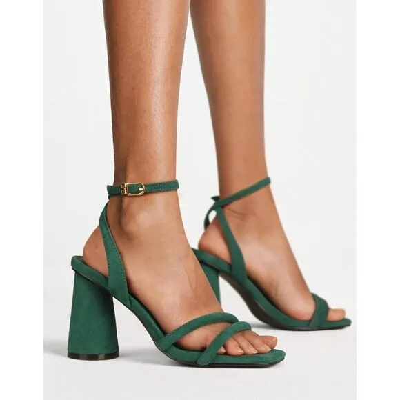 Women's Green Block High Heels Square Toe Heeled Sandals Ankle Strap Shoes