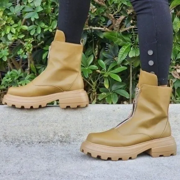 Womens Platform Combat Ankle Boots Olive Color