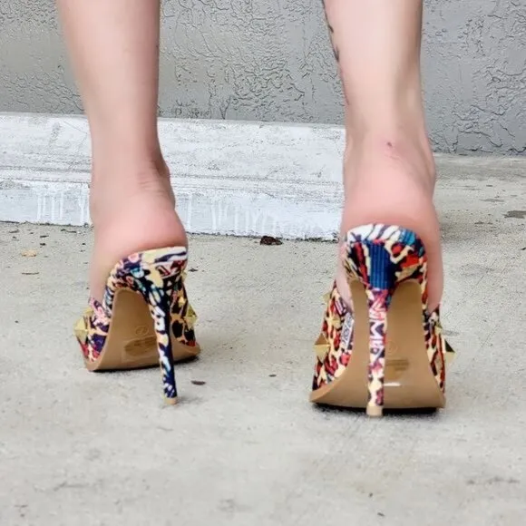Women's Print Color Roman Stud Quilted Slide High Heel Sandals