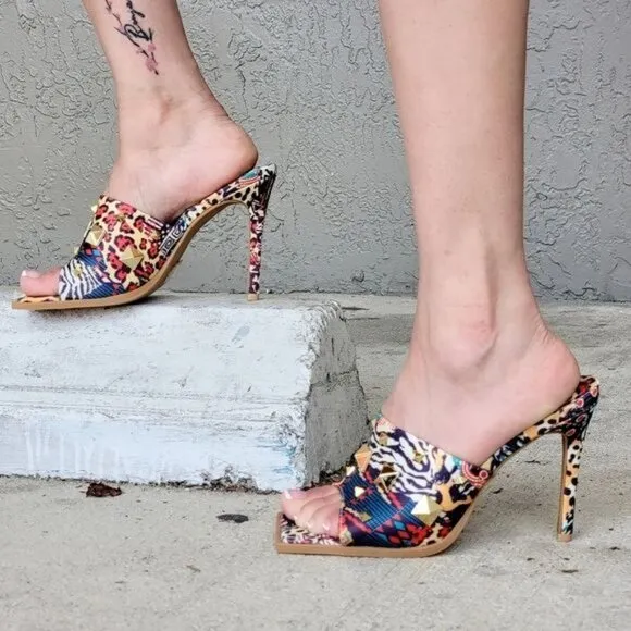 Women's Print Color Roman Stud Quilted Slide High Heel Sandals