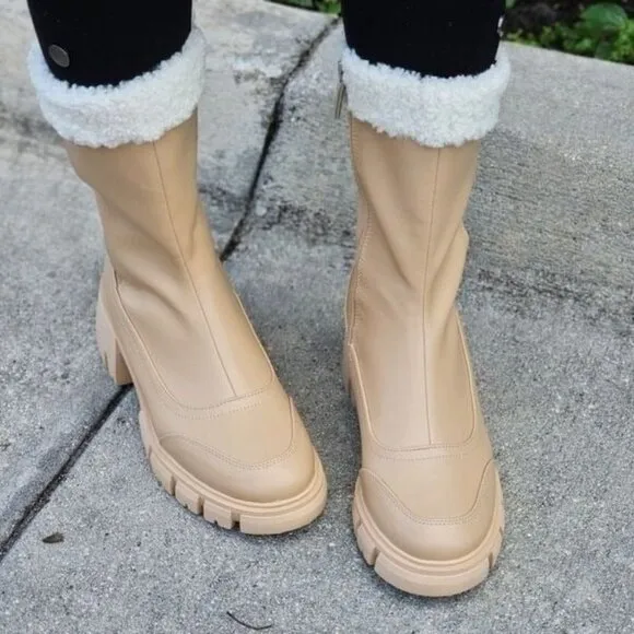 Women's Sherpa Faux Fur Ankle Boot‎ Nude Color