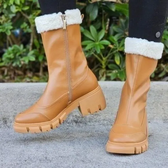 Women's‎ Sherpa Faux Fur Ankle Boot Tan Color