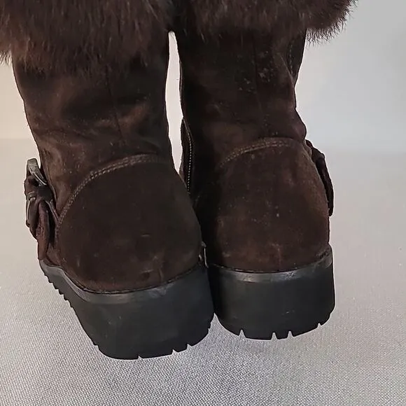 Women's Stuart Weitzman Mid Calf Boots Shoes Size Brown Fox Cuff Fur Lined