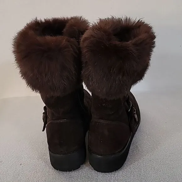 Women's Stuart Weitzman Mid Calf Boots Shoes Size Brown Fox Cuff Fur Lined