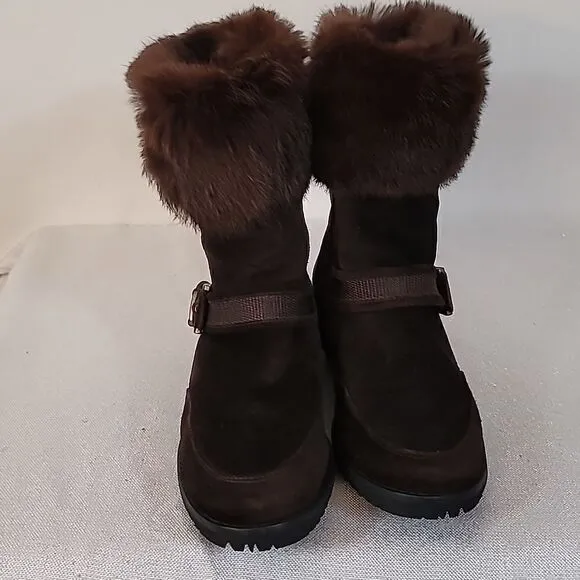 Women's Stuart Weitzman Mid Calf Boots Shoes Size Brown Fox Cuff Fur Lined