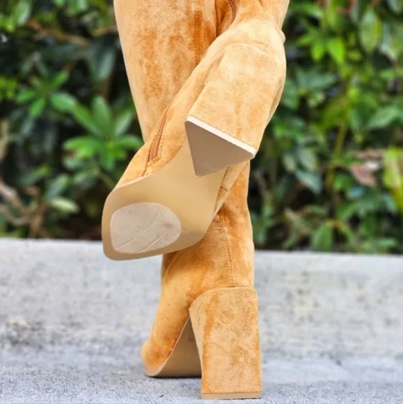 Women's Tan Over The Knee‎ pointed Chunky Block Heel Boots