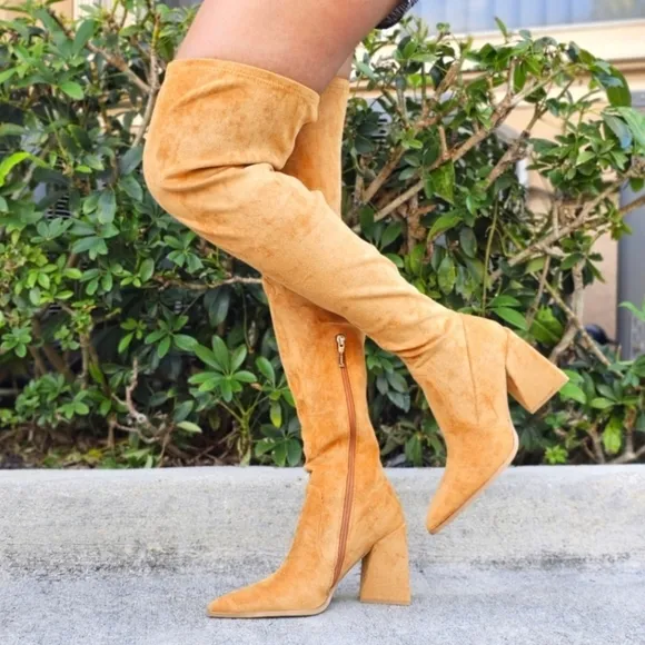 Women's Tan Over The Knee‎ pointed Chunky Block Heel Boots