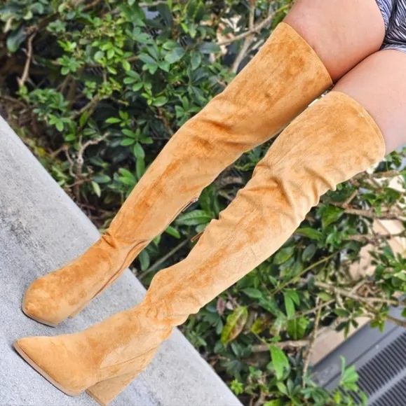Women's Tan Over The Knee‎ pointed Chunky Block Heel Boots