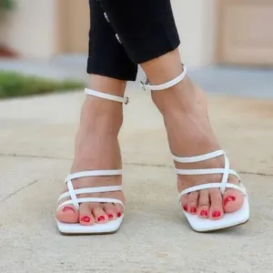 Women's White Chunky Block Heel Square Toe‎ Ring Sandals