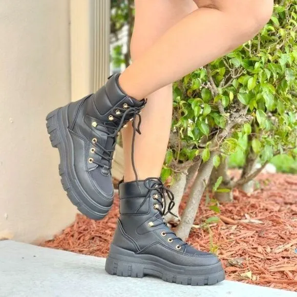 Women's Black Chunky Block High Heel Ankle Combat Booties