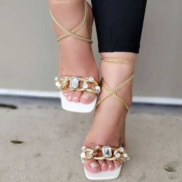 Womens White Strappy  Rhinestones Chain Sandals